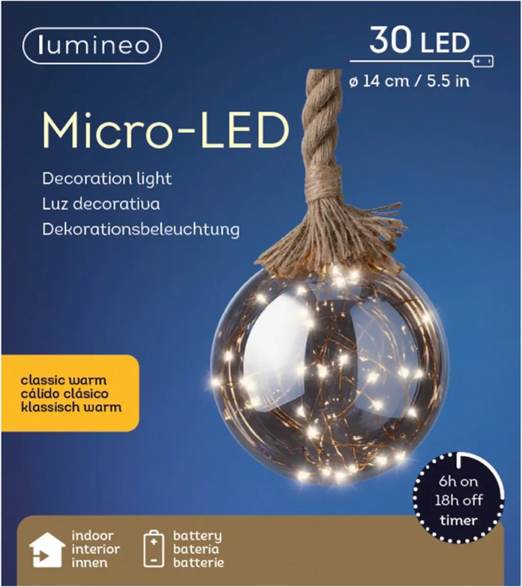 1x stuks verlichte glazen kerstballen aan touw met 30 lampjes zilver/warm wit 15
