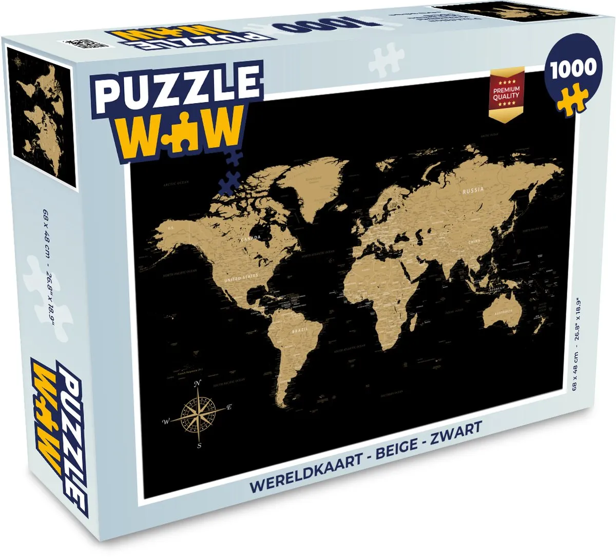 PuzzleWow Wereldkaart Legpuzzel 1000 Stuks - Beige/Zwart