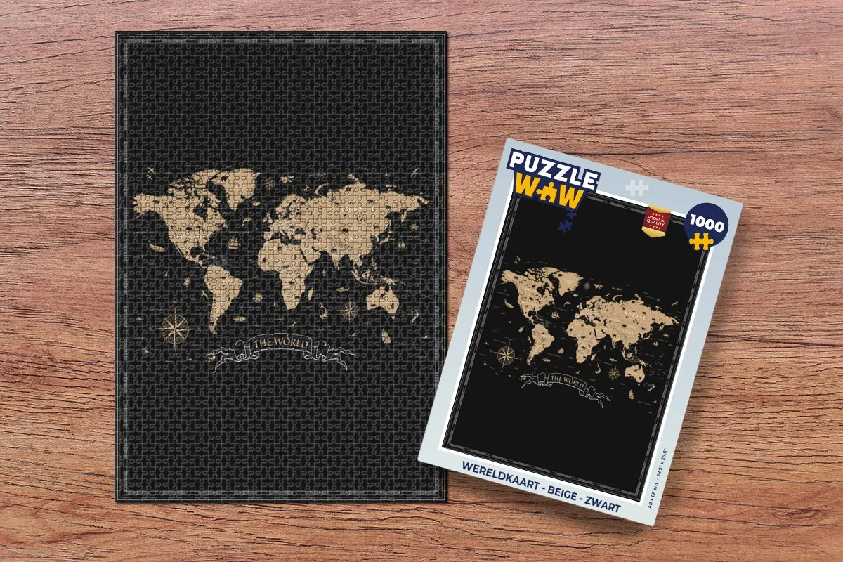 PuzzleWow Wereldkaart Legpuzzel 1000 Stuks - Beige/Zwart