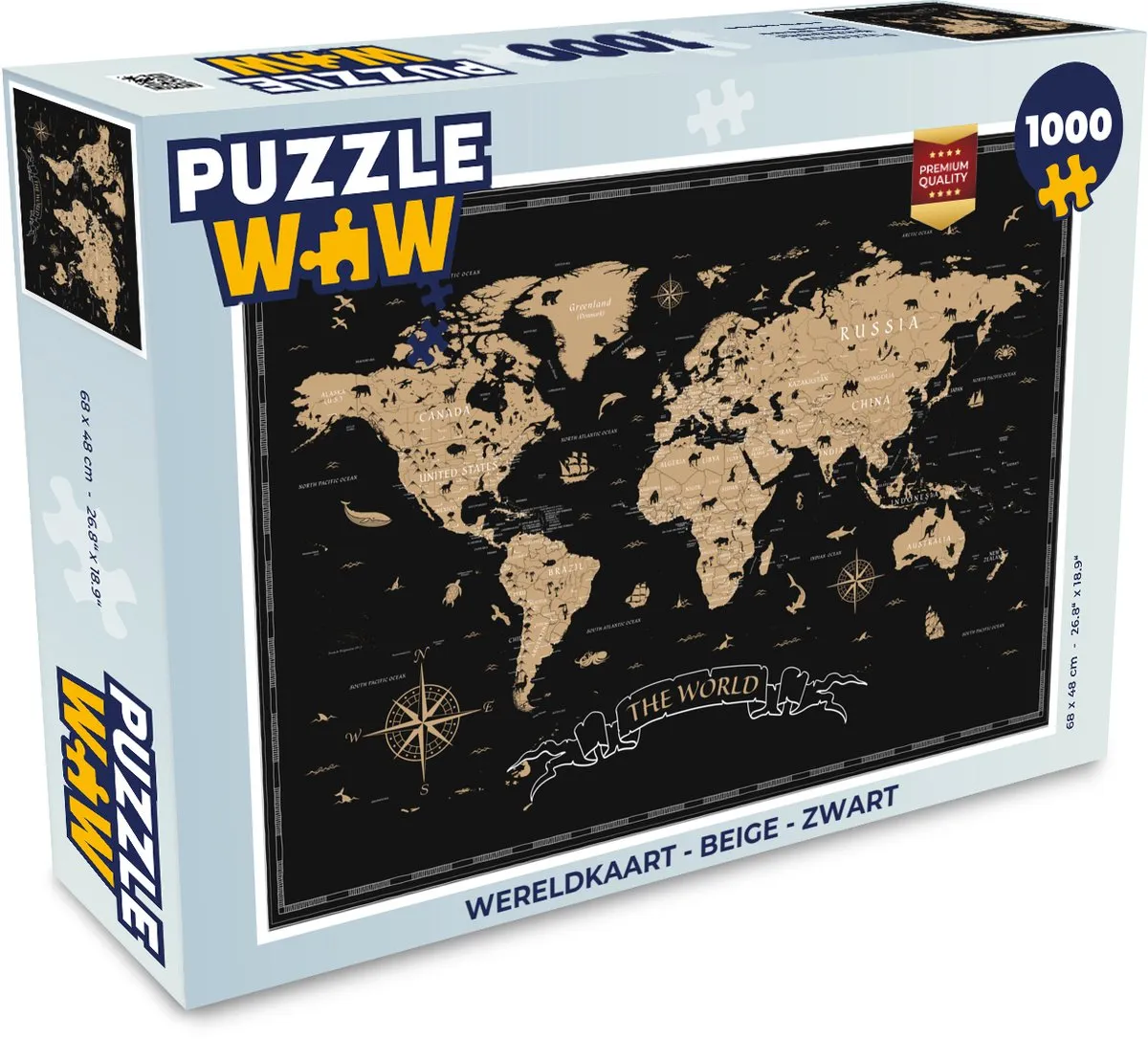 PuzzleWow Wereldkaart Legpuzzel 1000 Stuks - Beige/Zwart