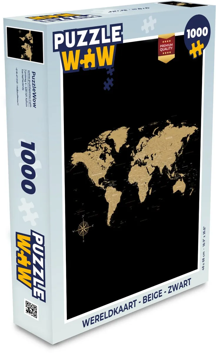 PuzzleWow Wereldkaart Legpuzzel 1000 Stuks - Beige/Zwart