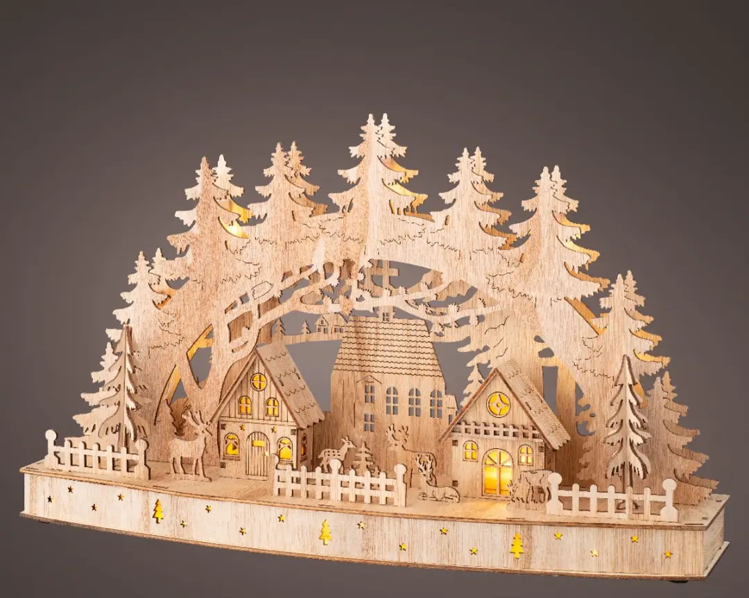 Sfeervol houten kerstlandschap met LED-verlichting