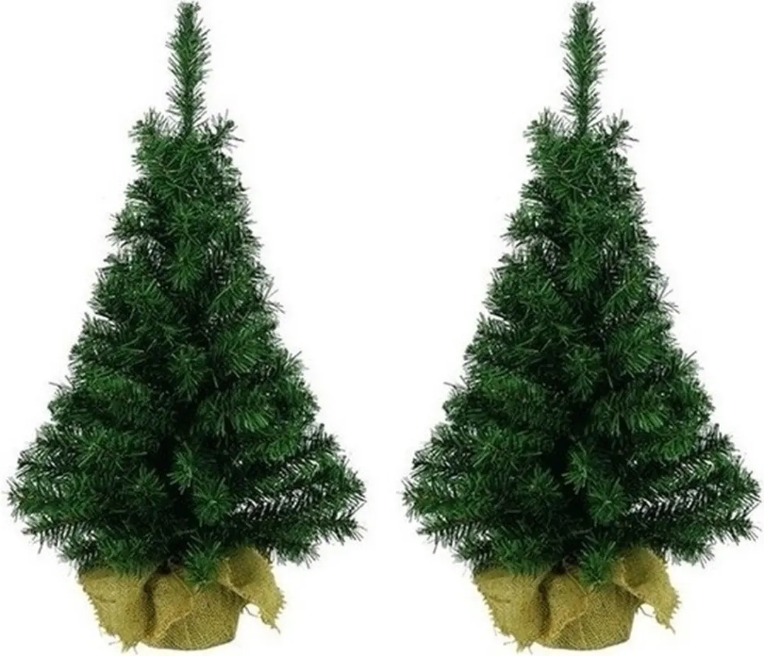 2x Groene kunst kerstbomen/kerstboompjes 90 cm met jute zak/kluit