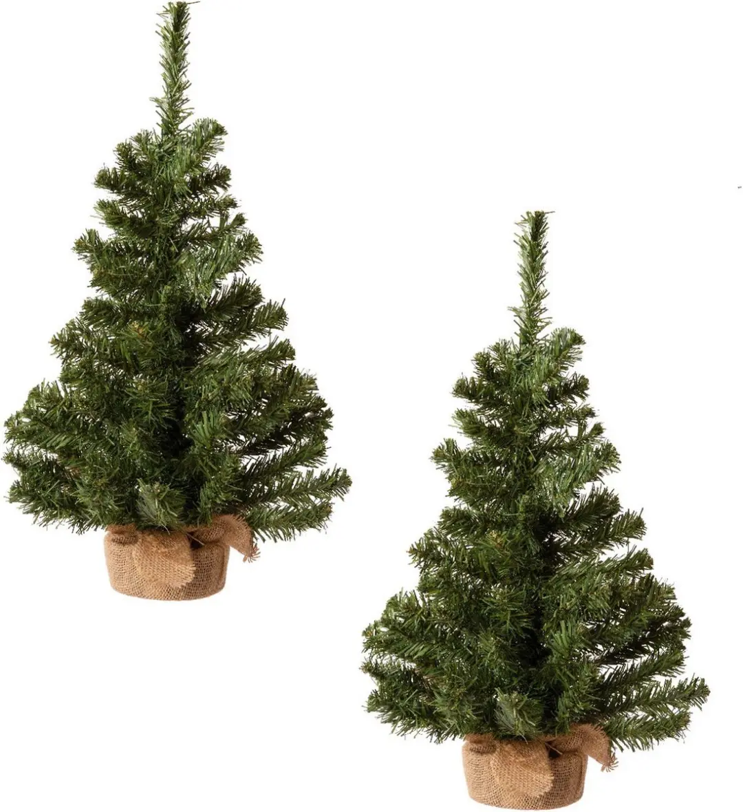 Set van 2x stuks kleine volle kerstbomen in jute zak 60 cm