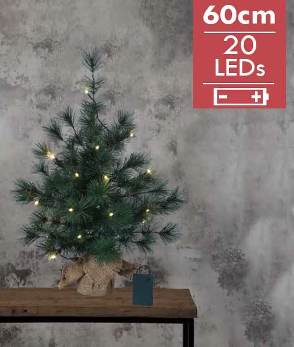 Mini Kerstboom Furu -60cm -lichtkleur: Warm Wit -Werkt op batterijen -Met timer