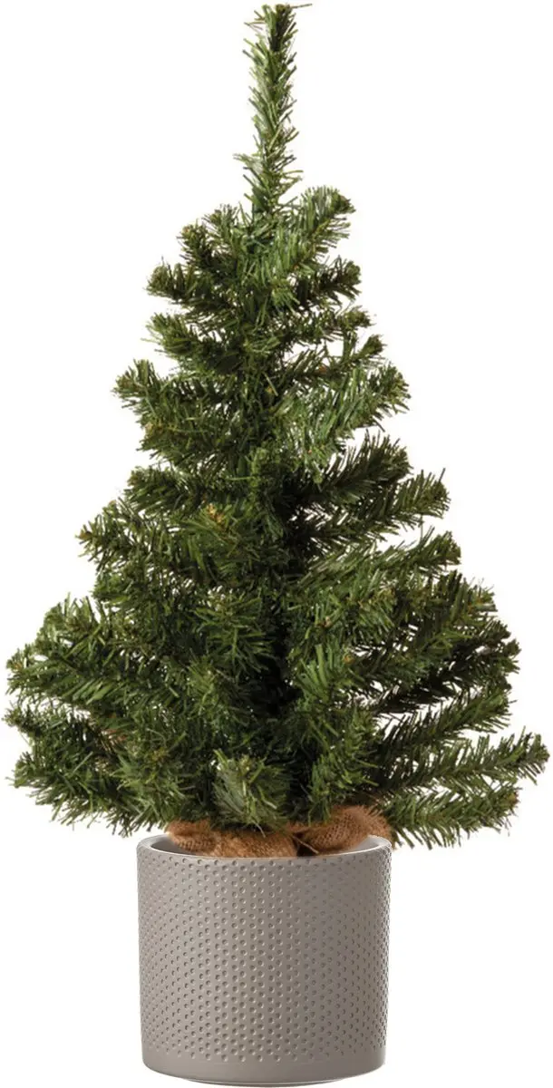 Volle mini kerstboom groen in jute zak 60 cm