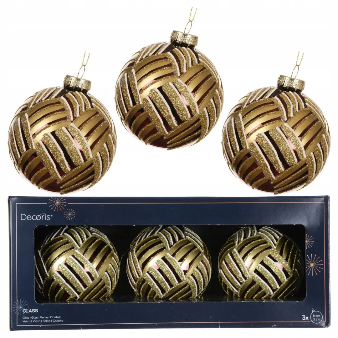 Glazen Kerstballen 8cm Goud met Glitter & Witte Lijnen