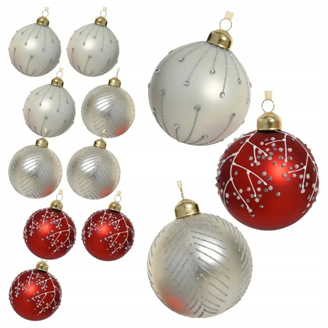 Decoratieve Kerstballen Wit Rood Zilver 12 stuks 8cm Mat met Lijnen