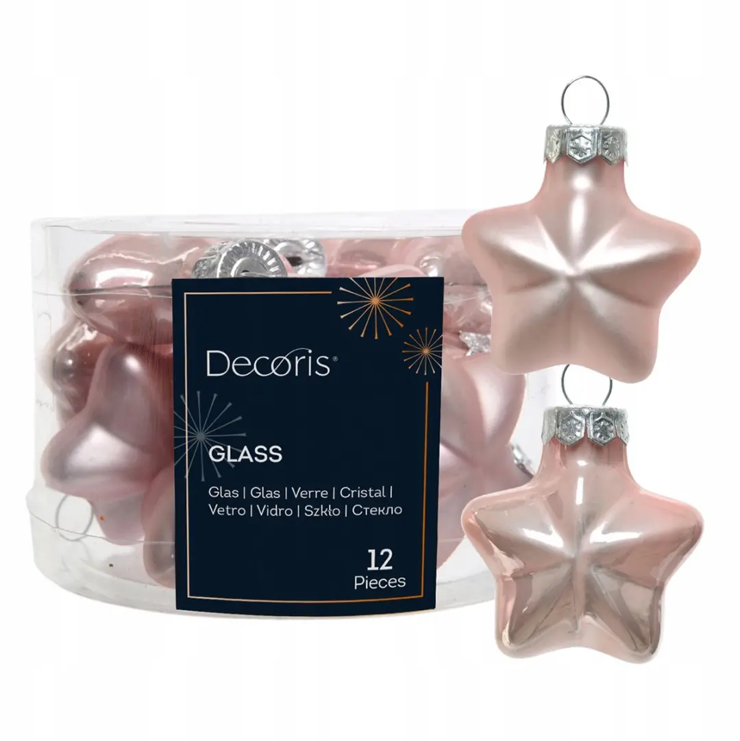 Glazen Sterren Kerstballen Lichtroze 12st. Matte en glanzende MIX