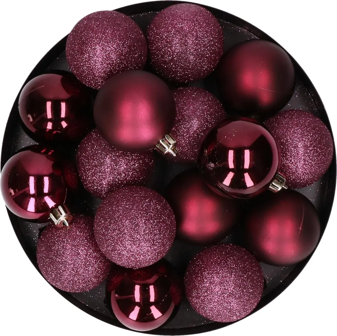 12x stuks kunststof kerstballen aubergine roze 6 cm mat/glans/glitter -Onbreekba