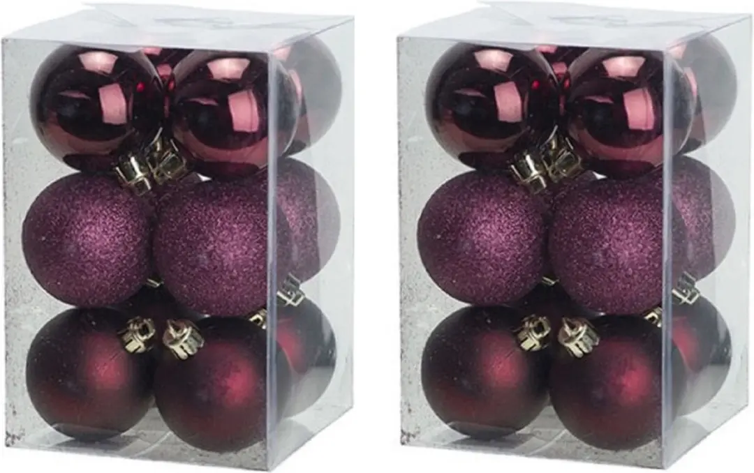 24x stuks kunststof kerstballen aubergine roze 6 cm mat/glans/glitter -Onbreekba
