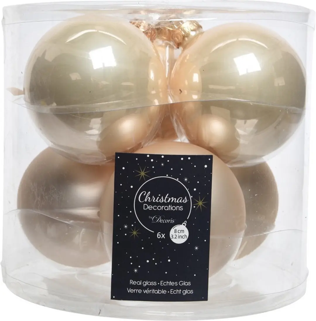 6x Licht parel/champagne glazen kerstballen 8 cm