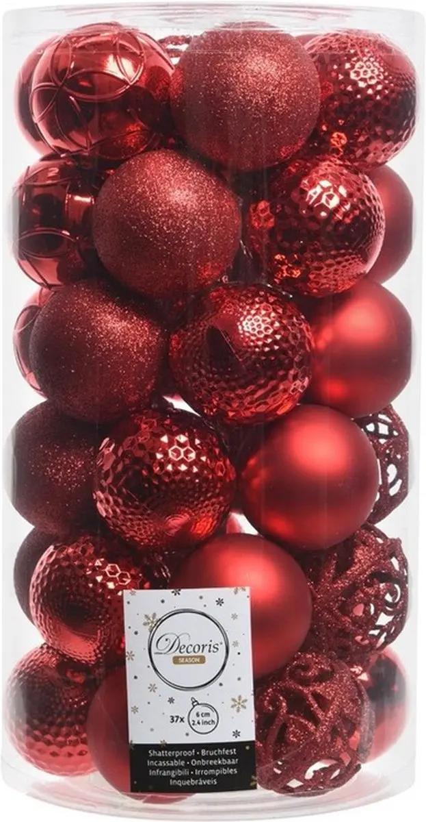 37x stuks kunststof kerstballen rood 6 cm inclusief kerstbalhaakjes