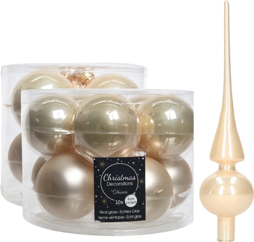 Compleet glazen kerstballen pakket champagne glans/mat 32x stuks met piek glans