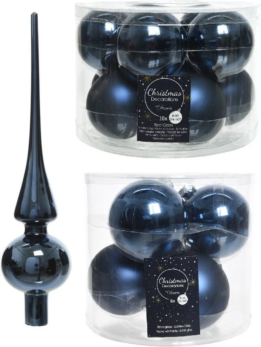 Compleet glazen kerstballen pakket donkerblauw glans/mat 32x stuks met piek glan