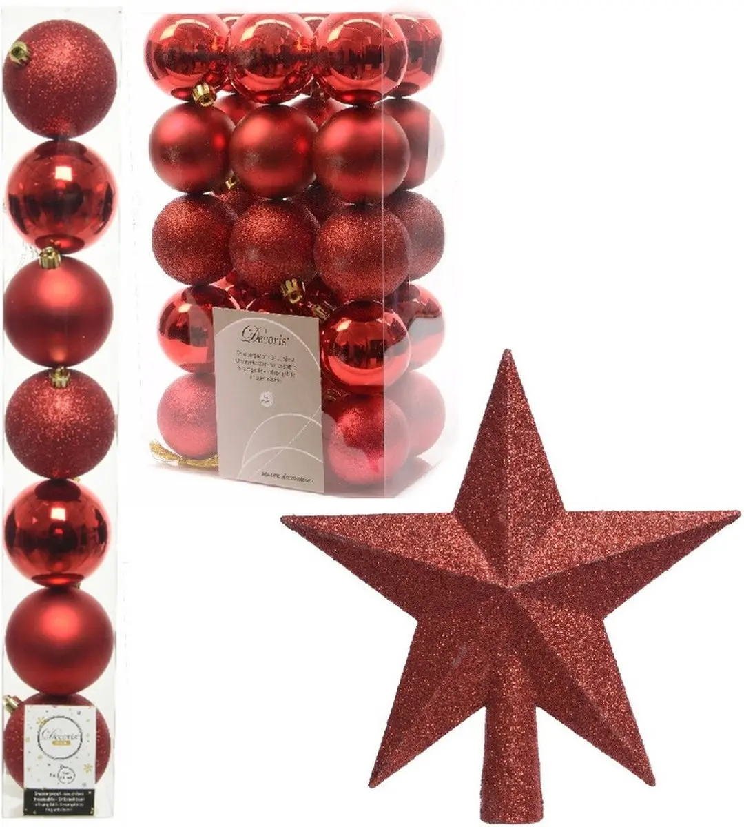 Kerstversiering kunststof kerstballen met ster piek rood 4-5-6-8 cm pakket van 3