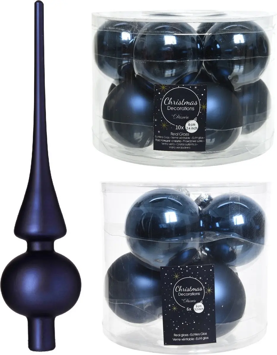 Compleet glazen kerstballen pakket donkerblauw glans/mat 32x stuks met piek mat