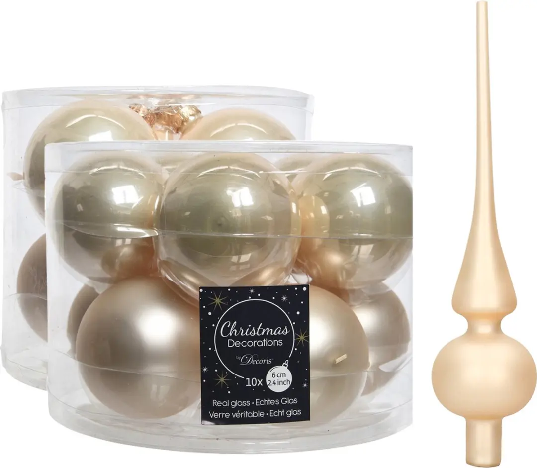 Compleet glazen kerstballen pakket champagne glans/mat 32x stuks met piek mat