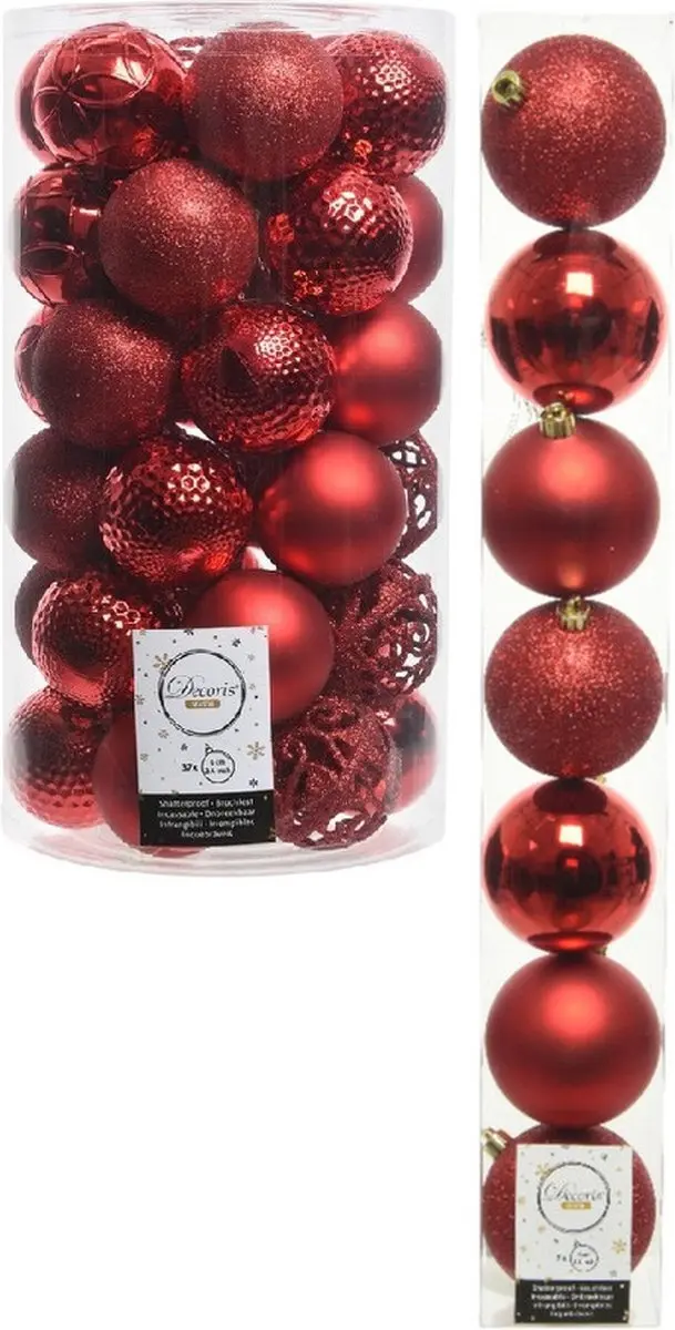 Kerstversiering kunststof kerstballen rood 6-8 cm pakket van 51x stuks