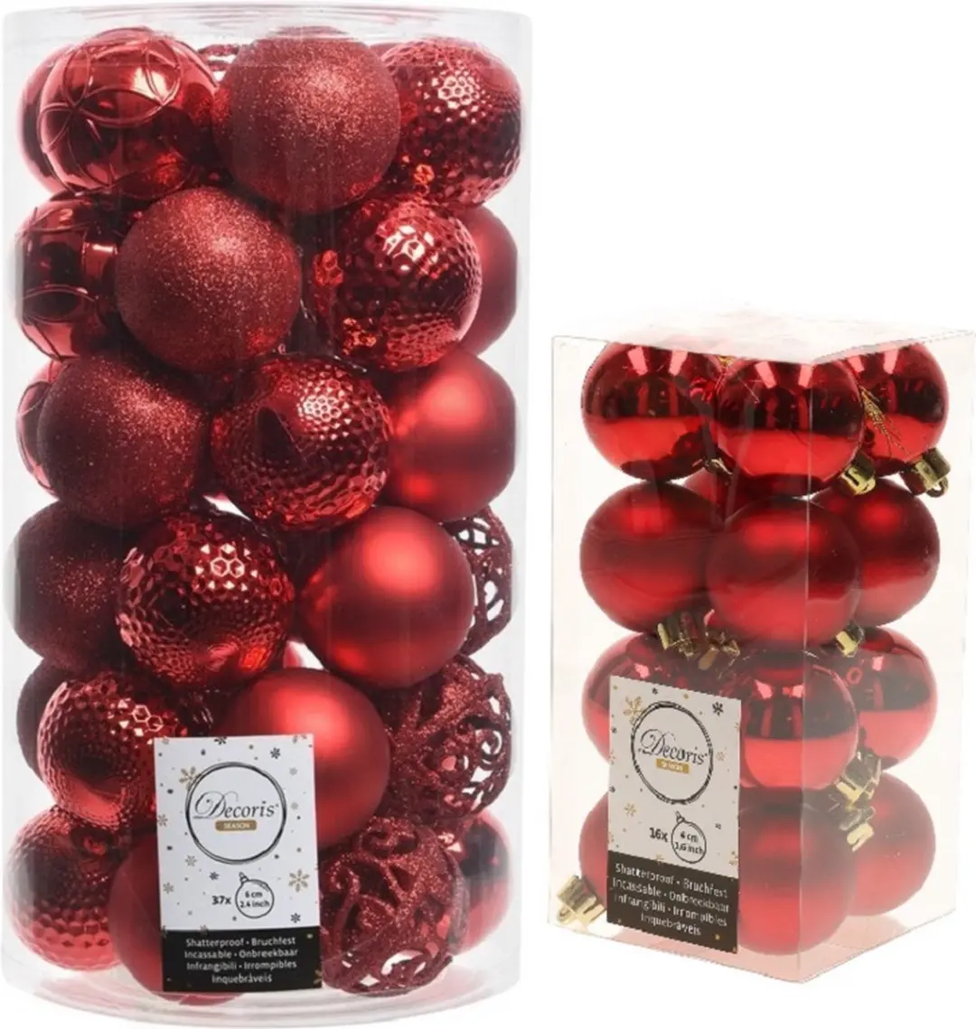 Kerstversiering kunststof kerstballen rood 4-6 cm pakket van 53x stuks