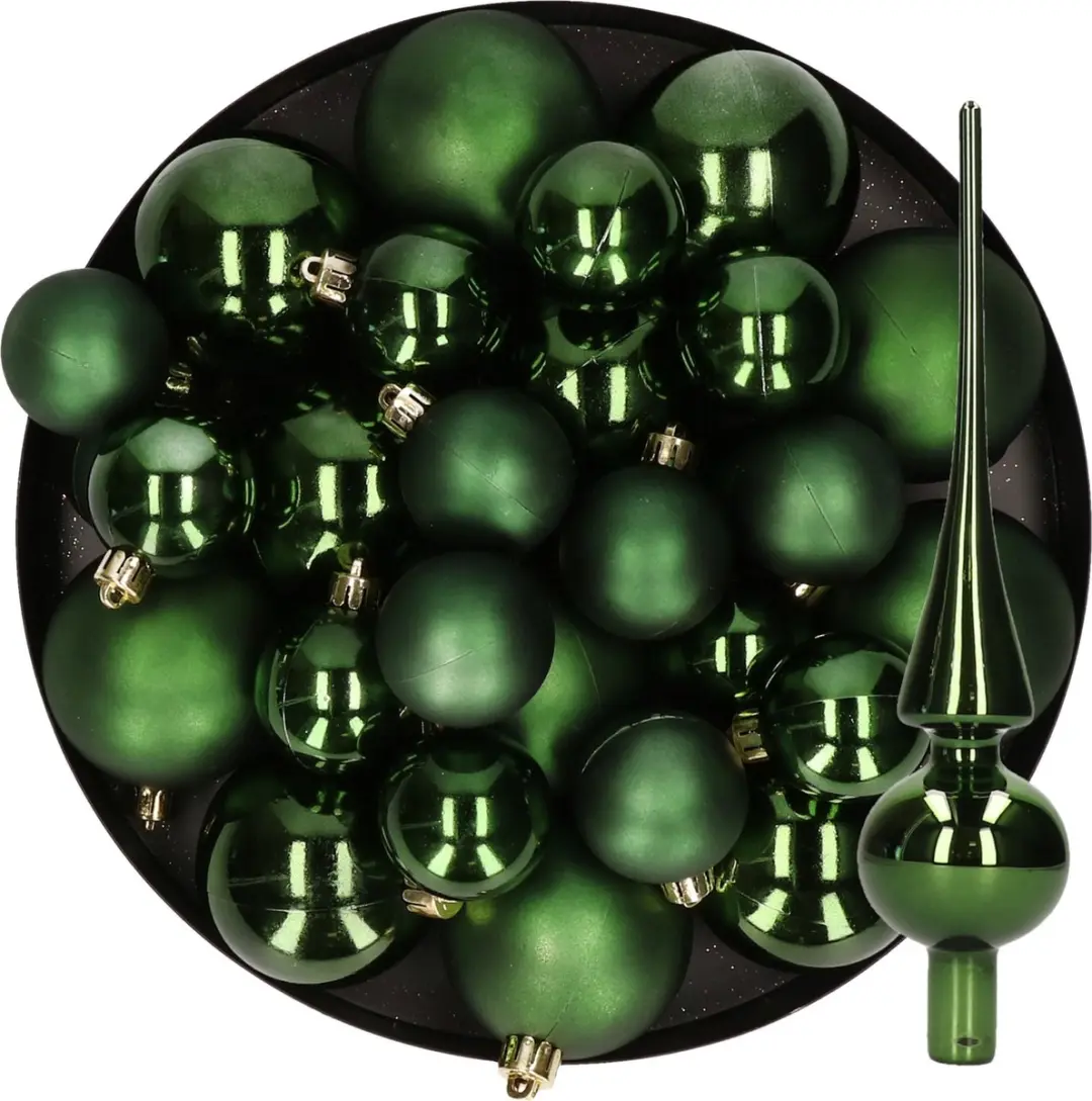 Kerstversiering kunststof kerstballen met glazen piek donkergroen 6-8-10 cm pakk