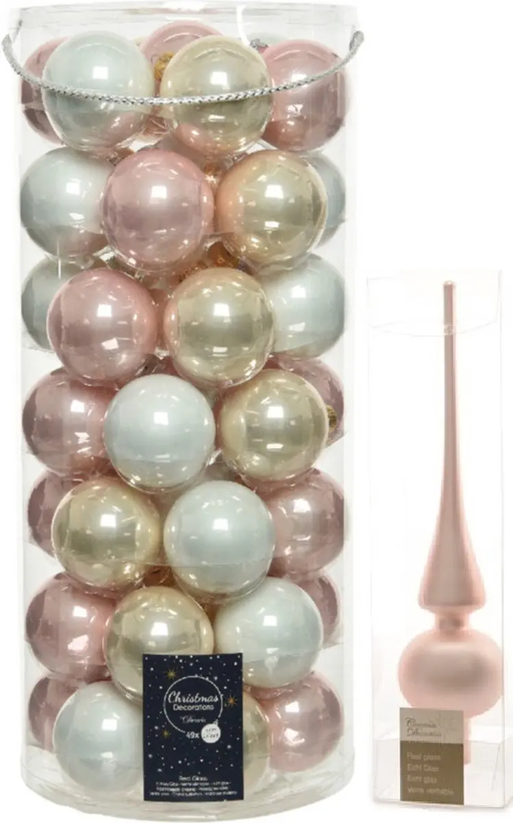49x stuks glazen kerstballen lichtroze/parel/wit 6 cm inclusief lichtroze piek