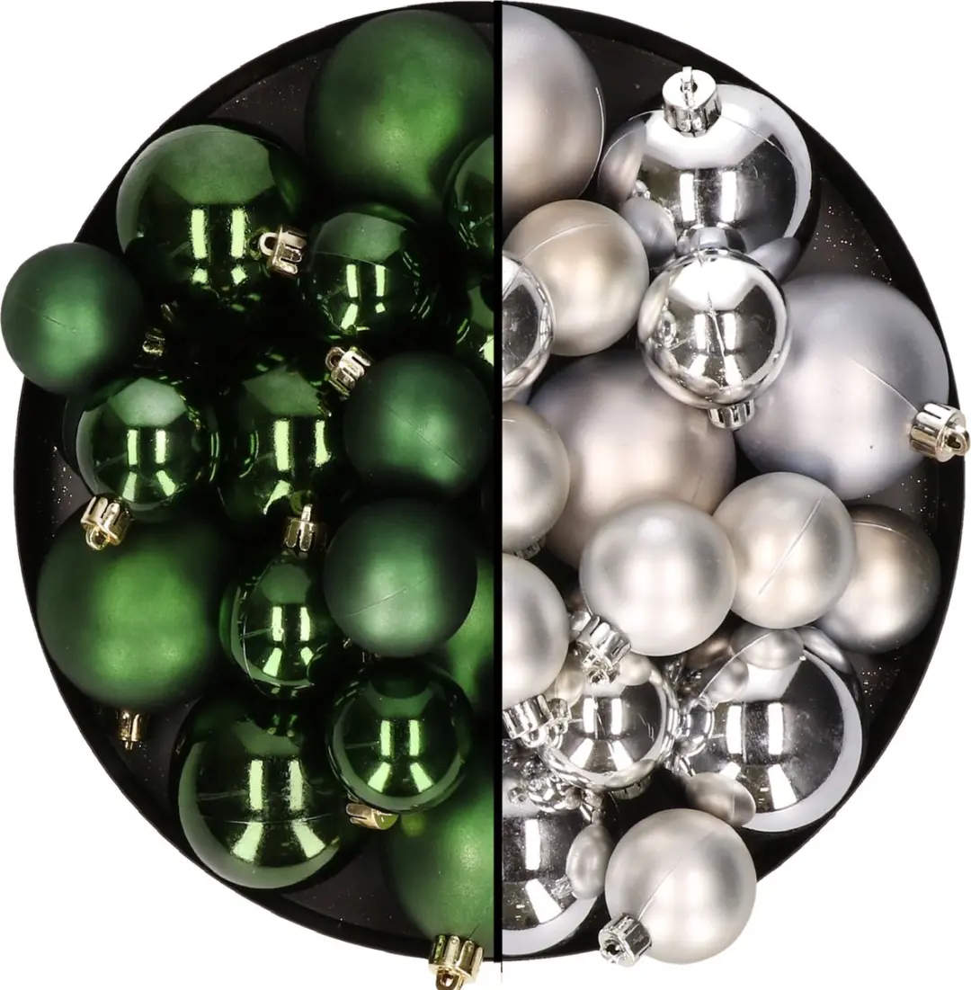Kerstversiering kunststof kerstballen kleuren mix donkergroen/zilver 6-8-10 cm p