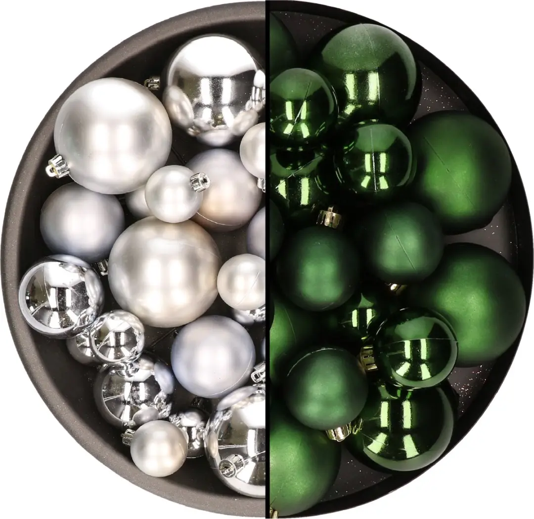 Kerstversiering kunststof kerstballen kleuren mix zilver/donkergroen 6-8-10 cm p