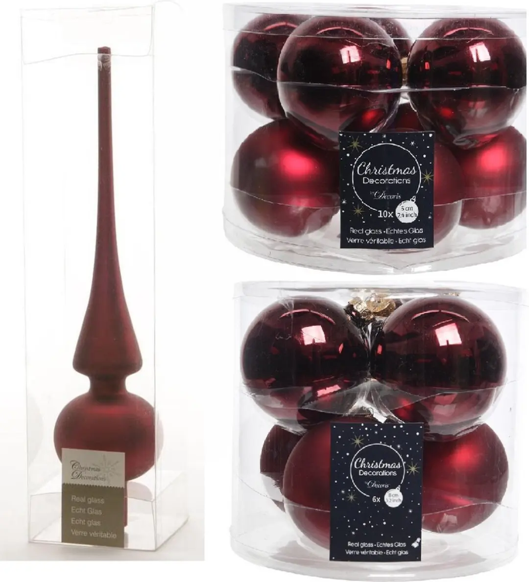 Compleet glazen kerstballen pakket donkerrood glans/mat 32x stuks met piek mat