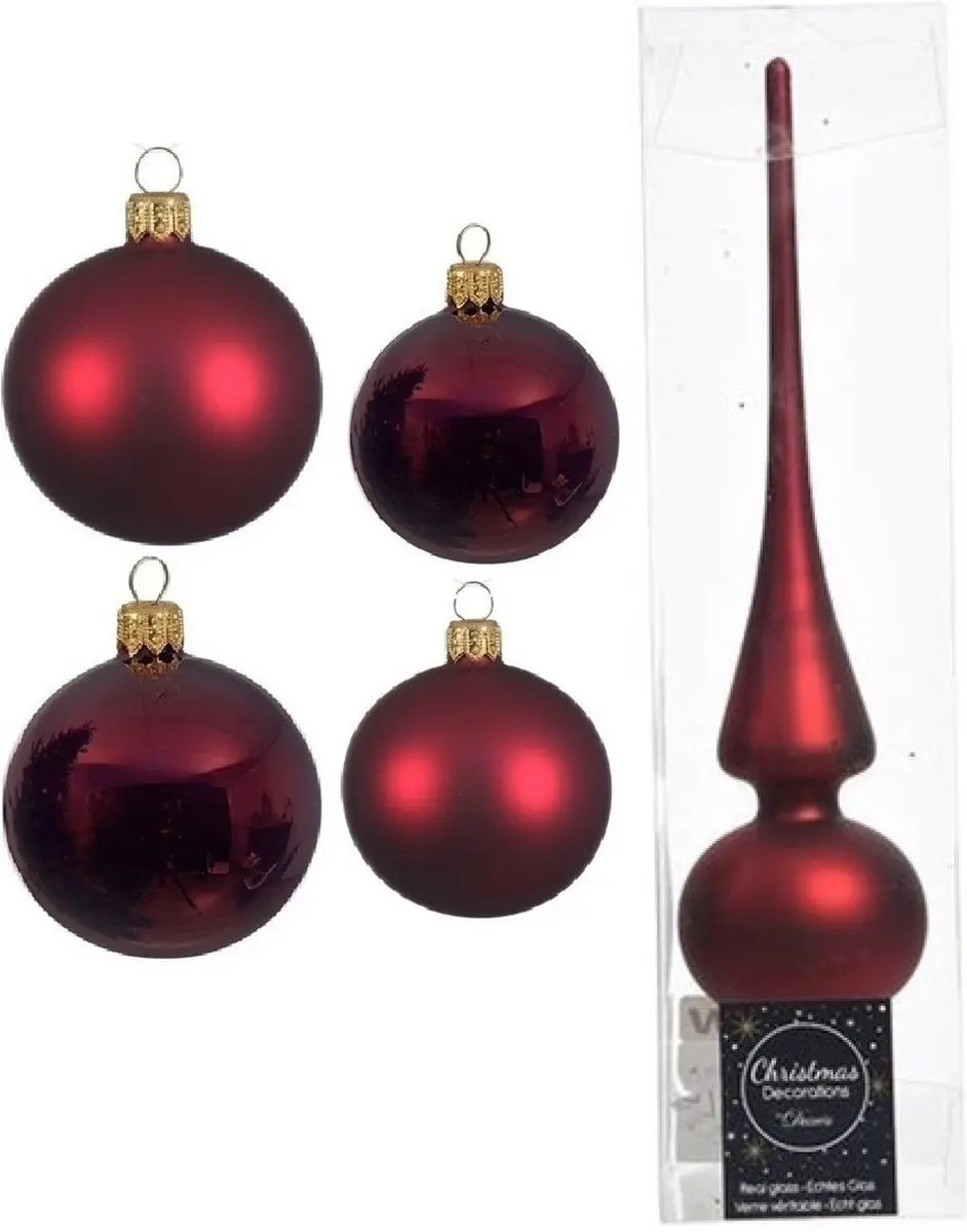 Compleet glazen kerstballen pakket donkerrood glans/mat 38x stuks