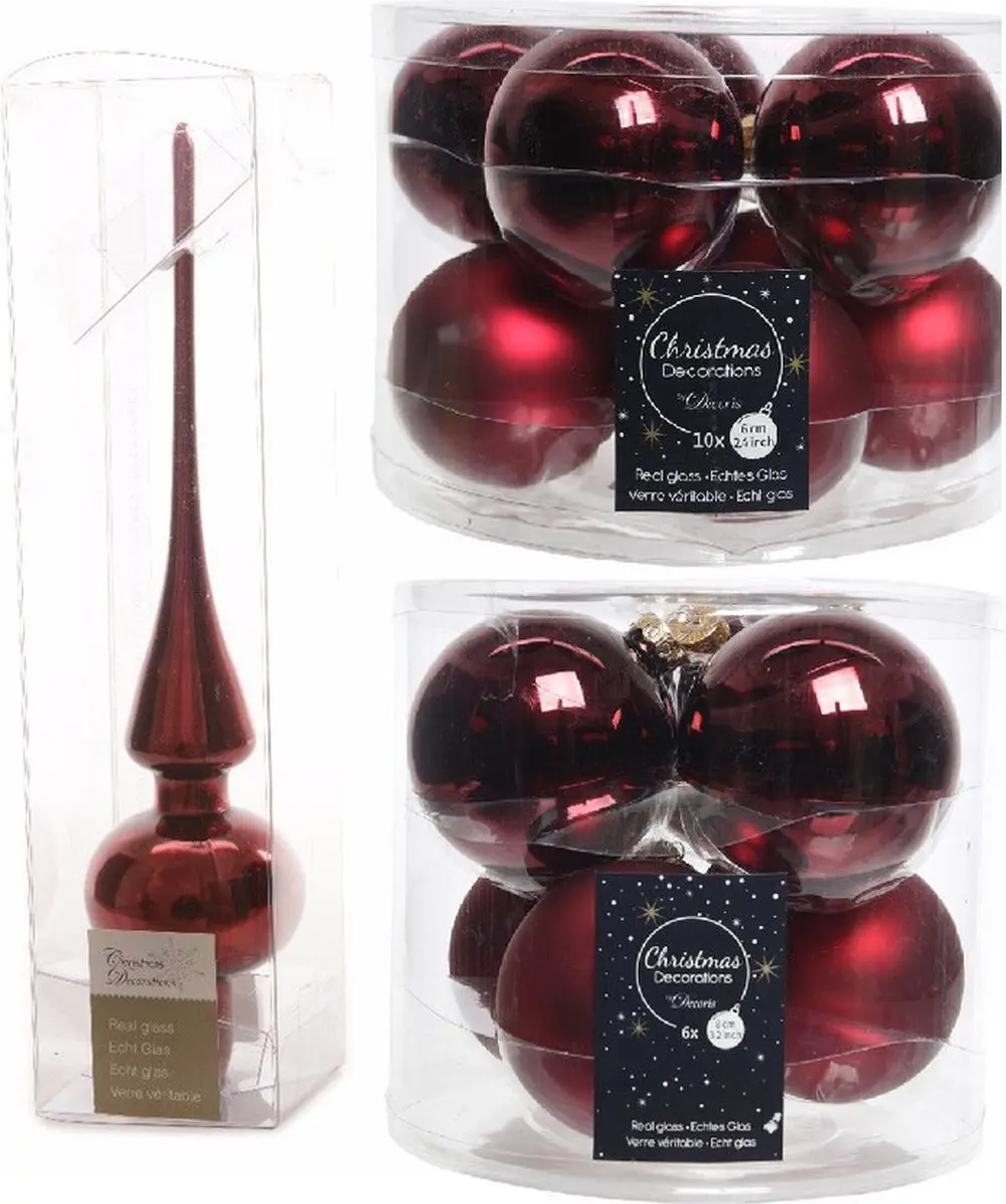 Compleet glazen kerstballen pakket donkerrood glans/mat 32x stuks met piek glans
