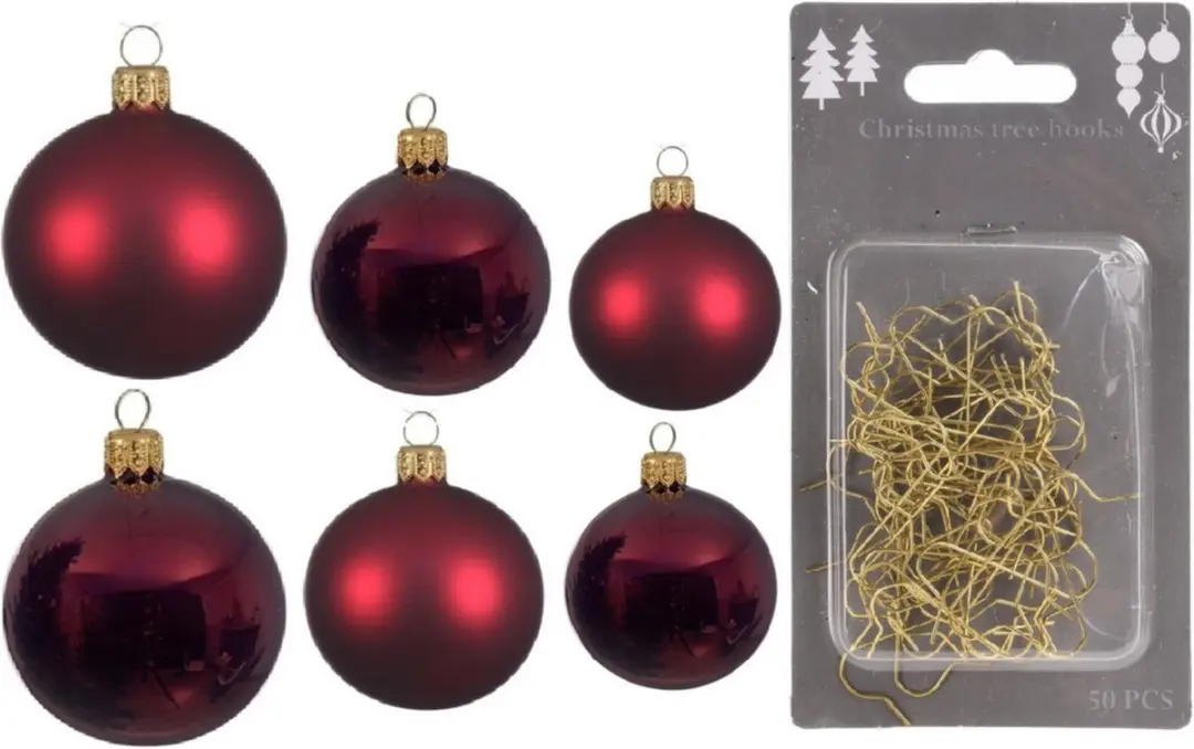 Groot pakket glazen kerstballen donkerrood glans/mat 50x stuks