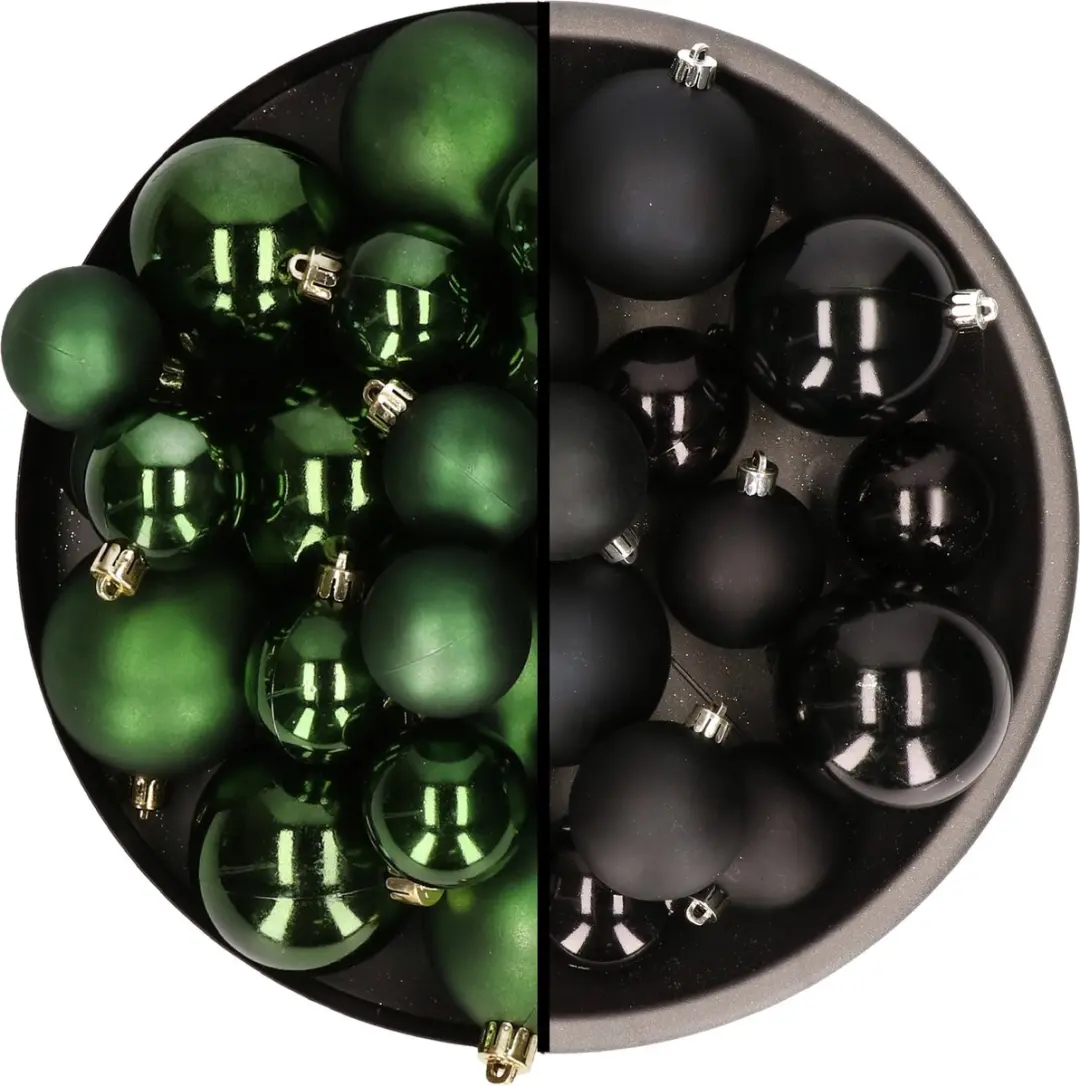 Kerstversiering kunststof kerstballen kleuren mix zwart/donkergroen 6-8-10 cm pa
