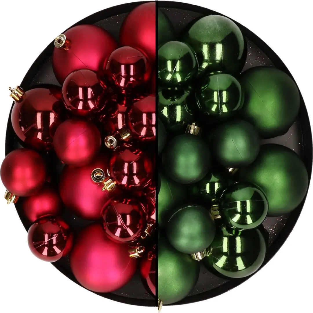 Kerstversiering kunststof kerstballen kleuren mix donkerrood/donkergroen 6-8-10