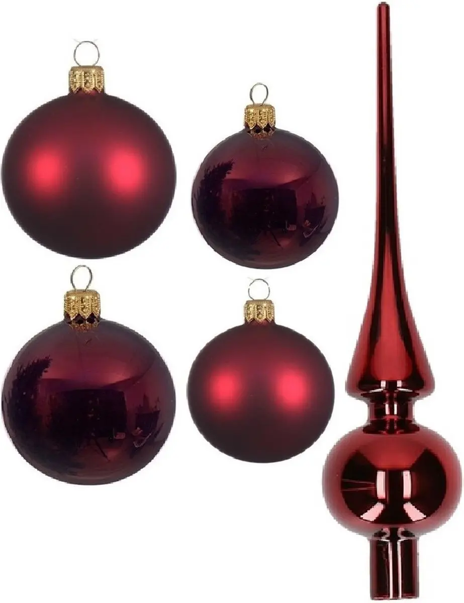 Compleet glazen kerstballen pakket donkerrood glans/mat 38x stuks
