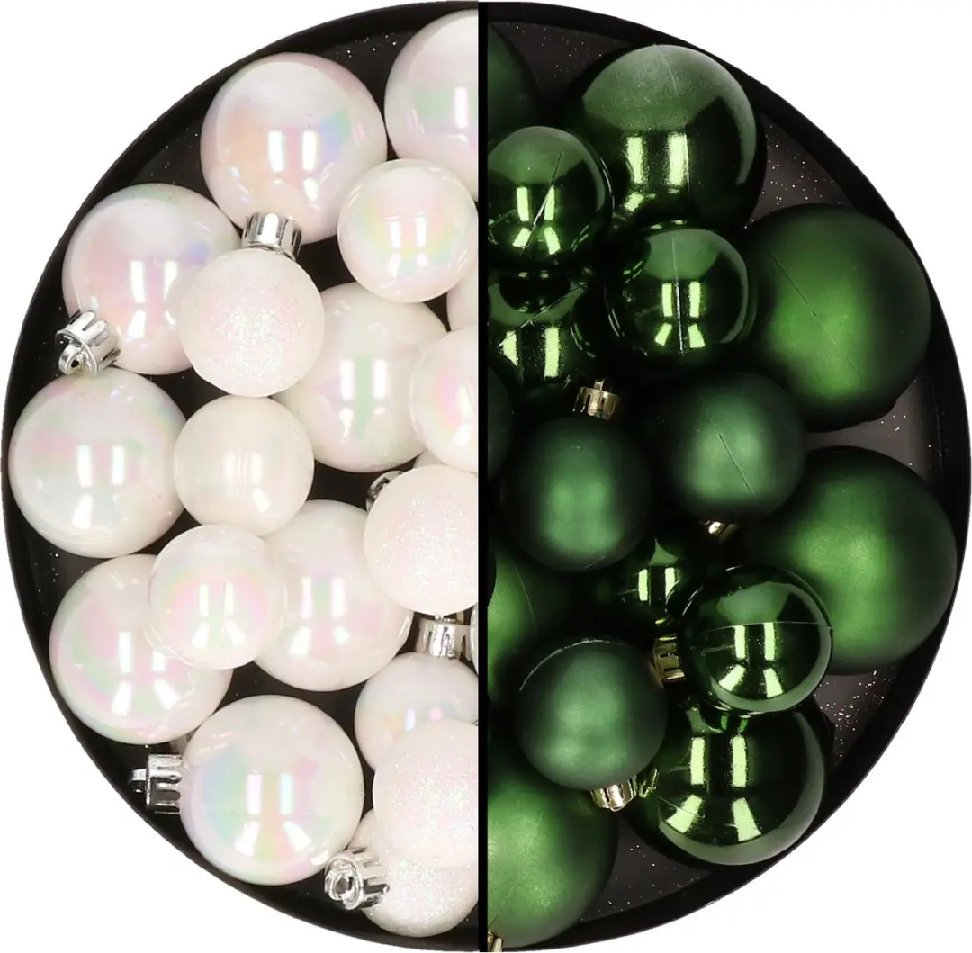 Kerstversiering kunststof kerstballen kleuren mix parelmoer wit/donkergroen 6-8-
