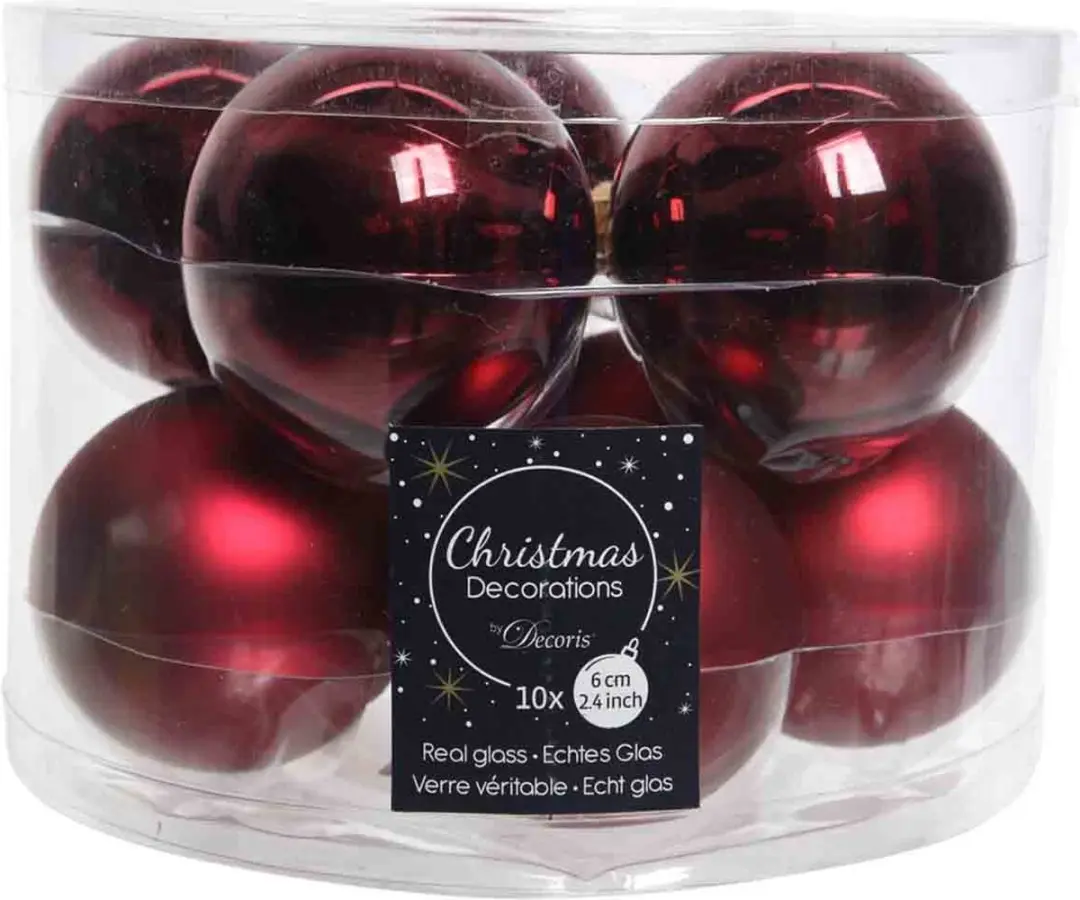 Decoris Kerstballen Glas - 10 Stuks Ø6cm - Donkerrood/Rood