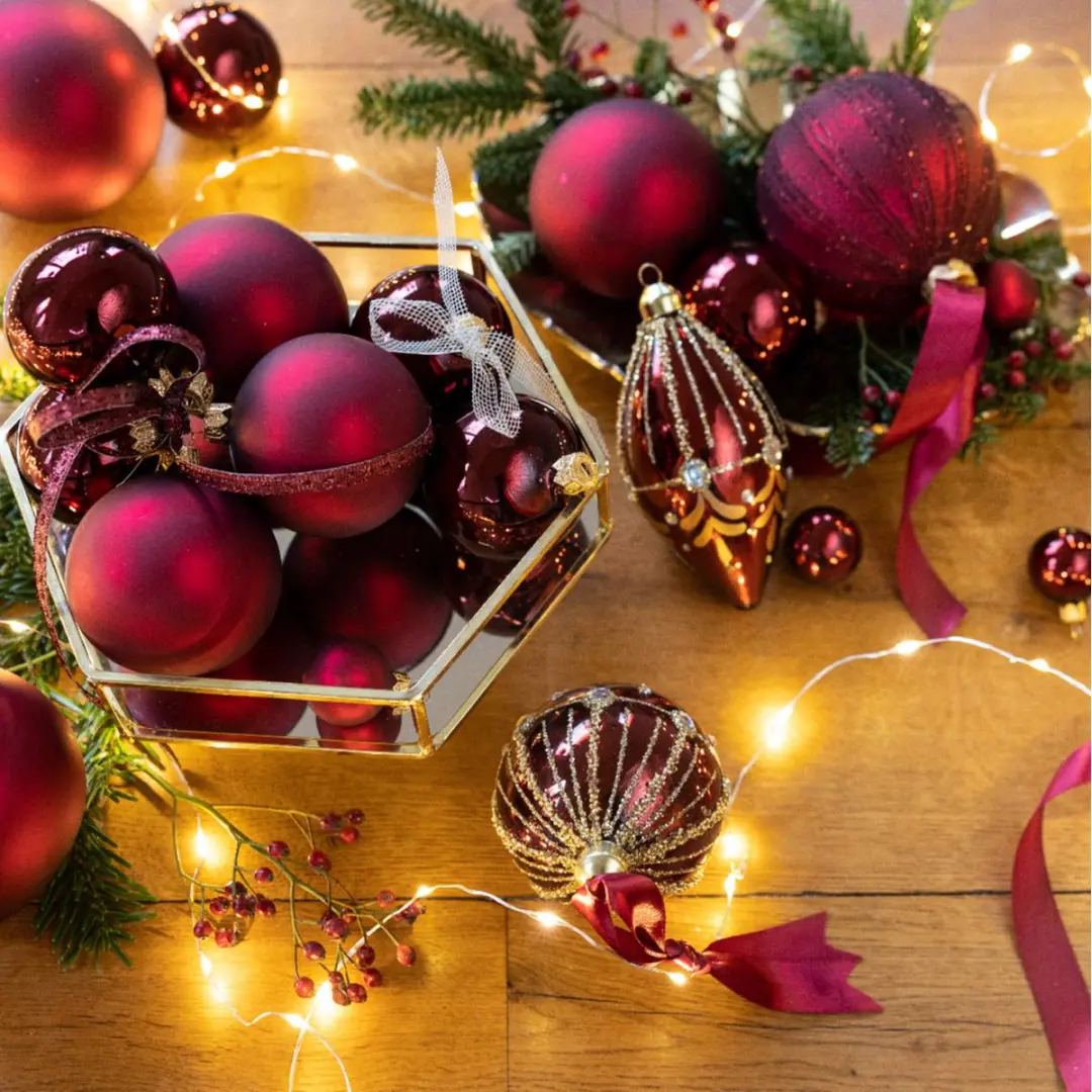 Decoris Kerstballen Glas - 10 Stuks Ø6cm - Donkerrood/Rood