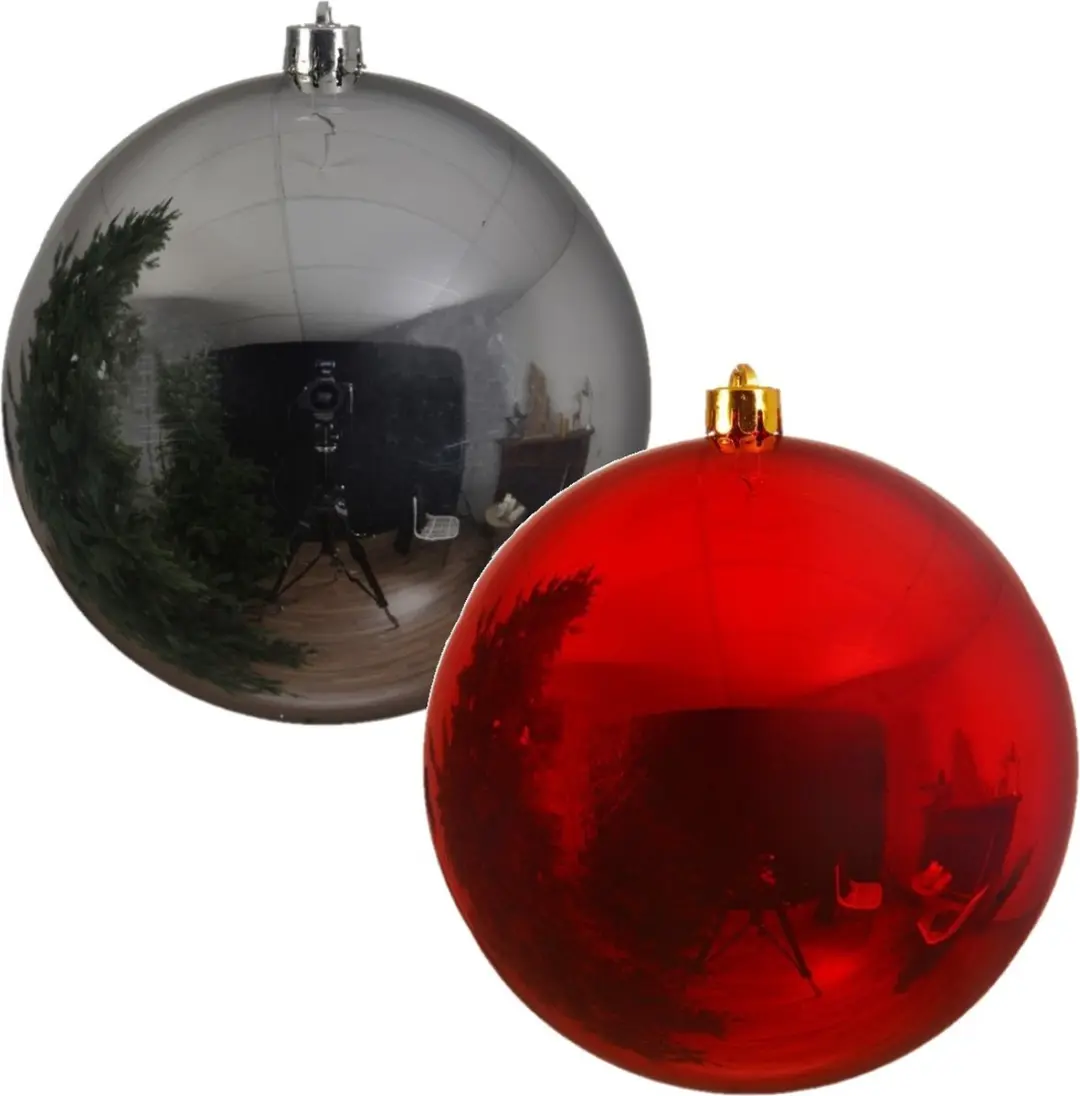 2x Grote kerstballen rood en zilver van 25 cm glans van kunststof