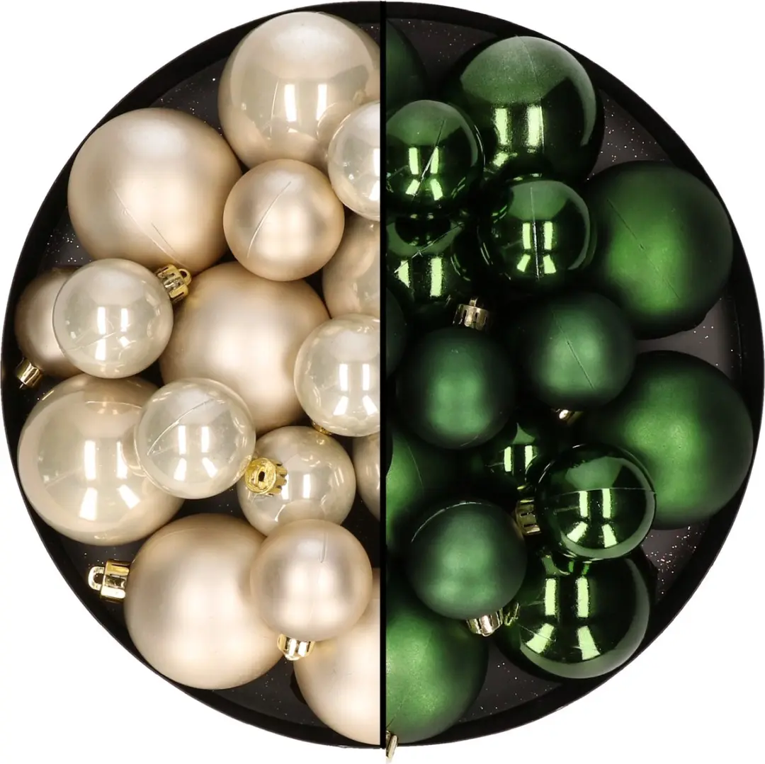 Kerstversiering kunststof kerstballen kleuren mix champagne/donkergroen 6-8-10 c