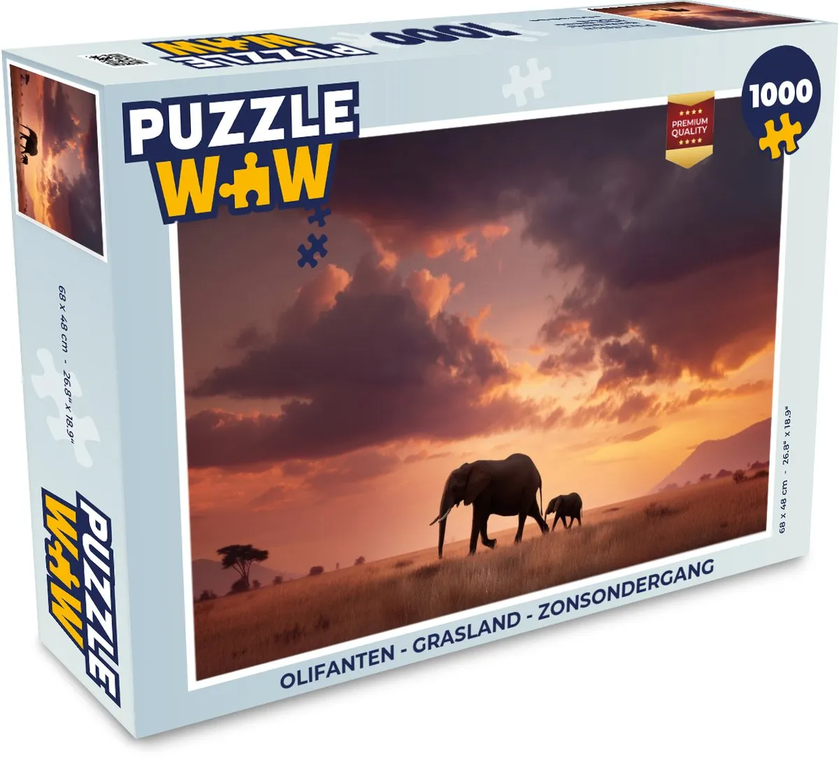 PuzzleWow Olifanten Grasland Zonsondergang Puzzel - 500 Stuks