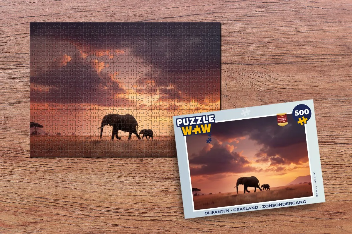 PuzzleWow Olifanten Grasland Zonsondergang Puzzel - 500 Stuks