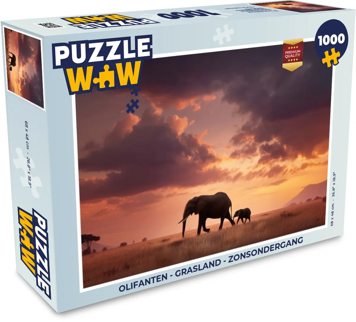 PuzzleWow Olifanten Grasland Zonsondergang Puzzel - 500 Stuks