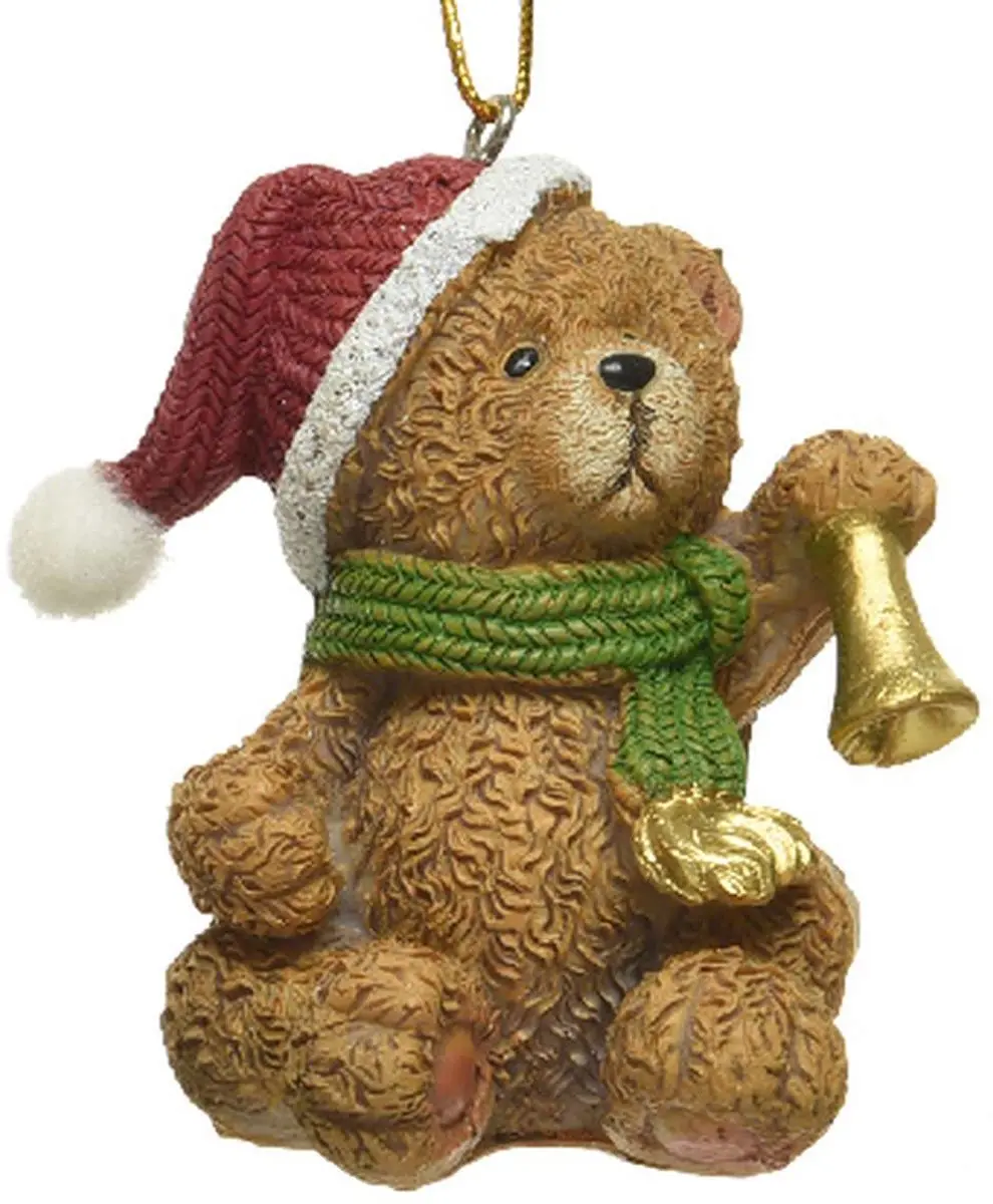 Kaemingk Kersthanger teddybeer bruin goudkleurig belletje 4.4 cm