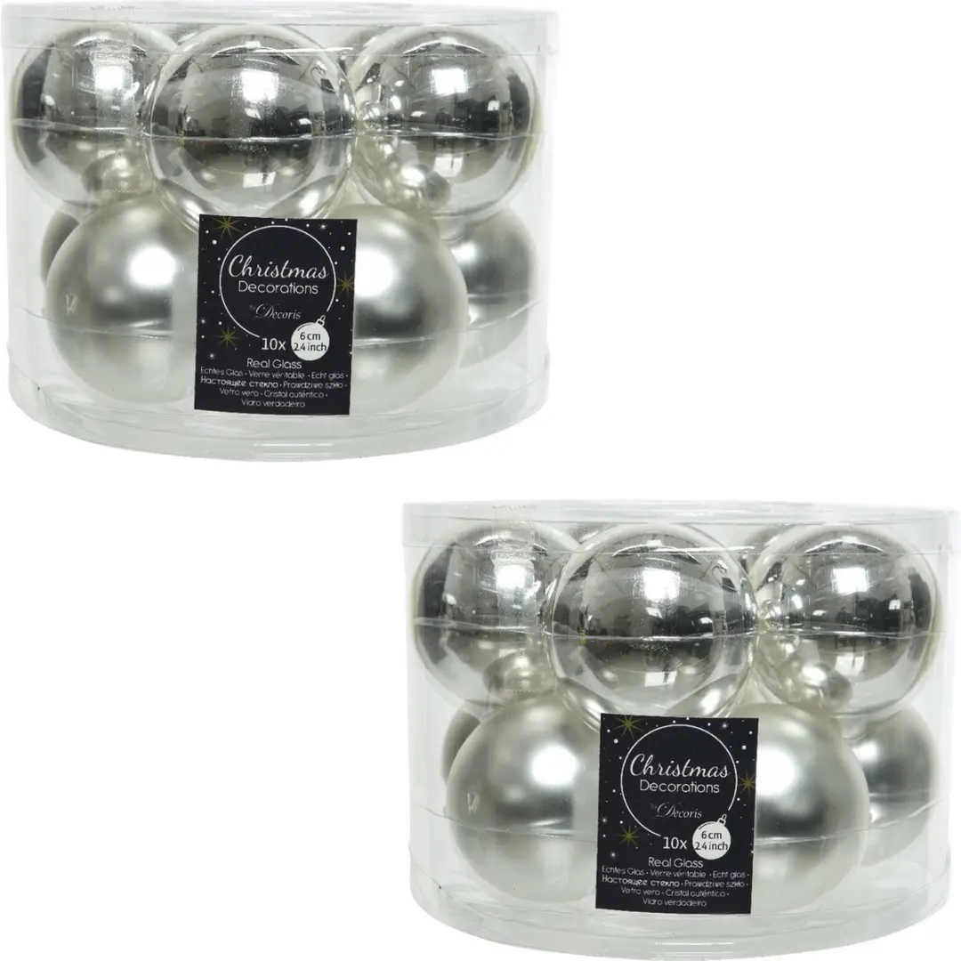 20x Zilveren glazen kerstballen 6 cm