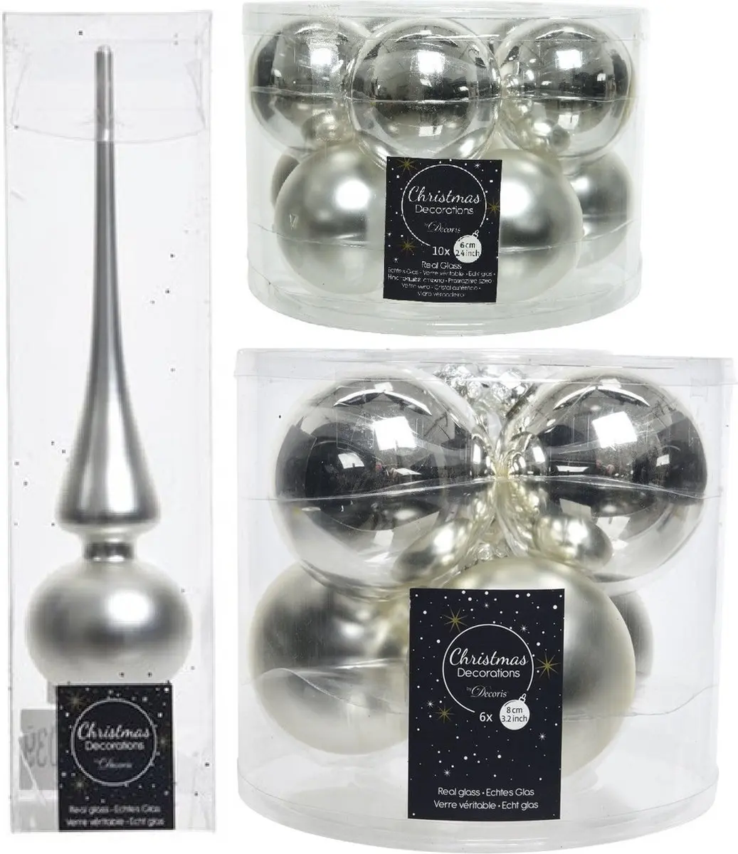 Compleet glazen kerstballen pakket zilver glans/mat 32x stuks met piek mat