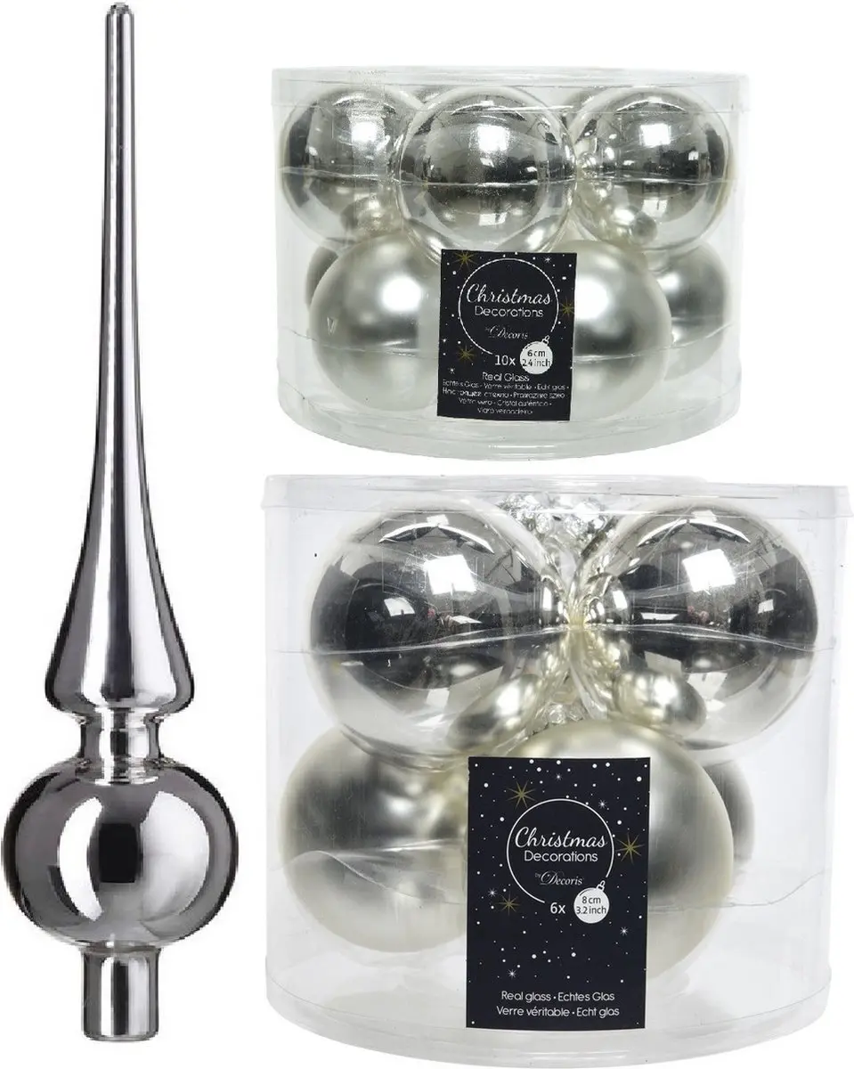 Compleet glazen kerstballen pakket zilver glans/mat 32x stuks met piek glans
