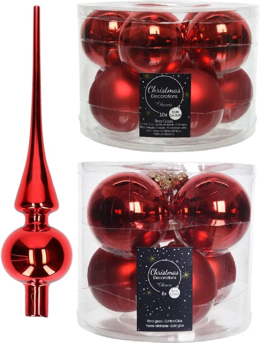 Compleet glazen kerstballen pakket kerstrood glans/mat 32x stuks met piek glans