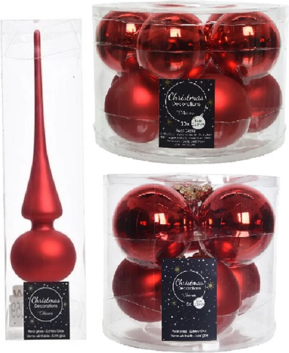 Compleet glazen kerstballen pakket kerstrood glans/mat 32x stuks met piek mat