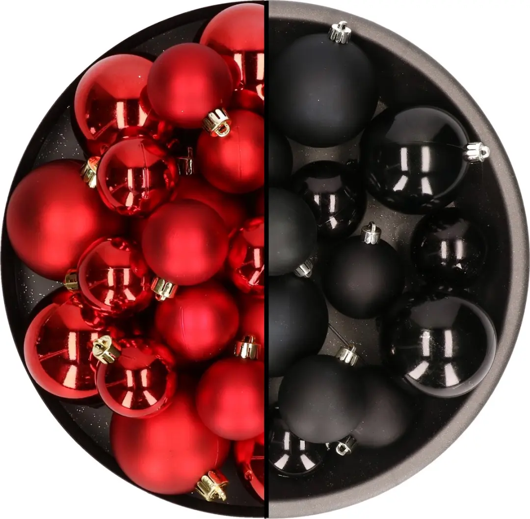 Kerstversiering kunststof kerstballen kleuren mix zwart/rood 6-8-10 cm pakket va